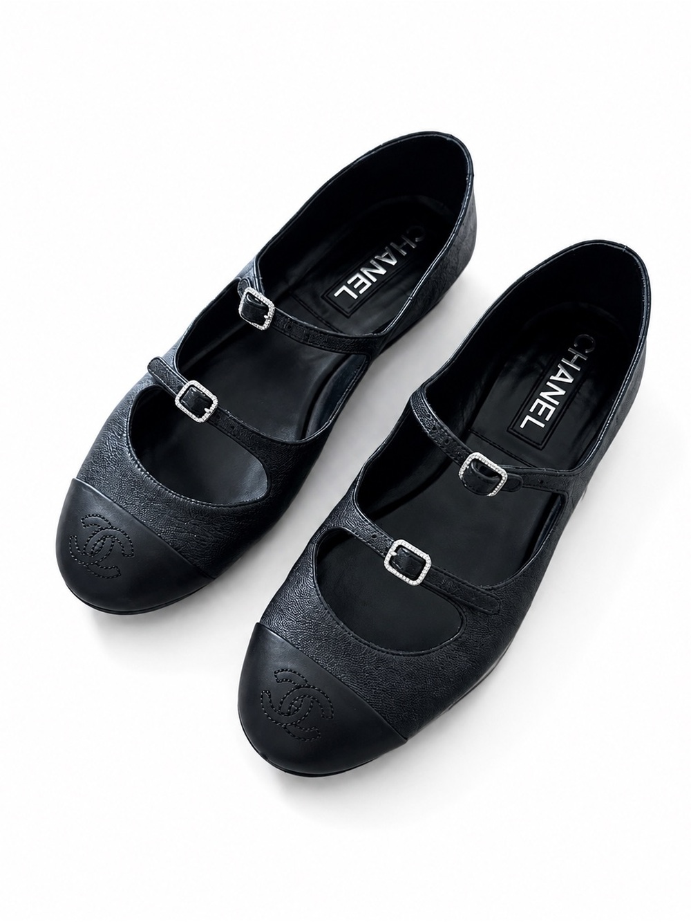 CHANEL Black Double-Strap Mary Jane Ballet Flats